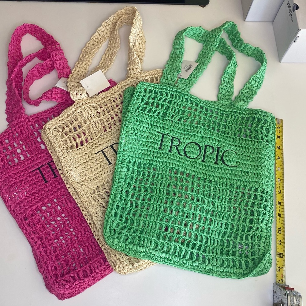 Women's Woven Tote Bag Set - Green, Pink, Cream